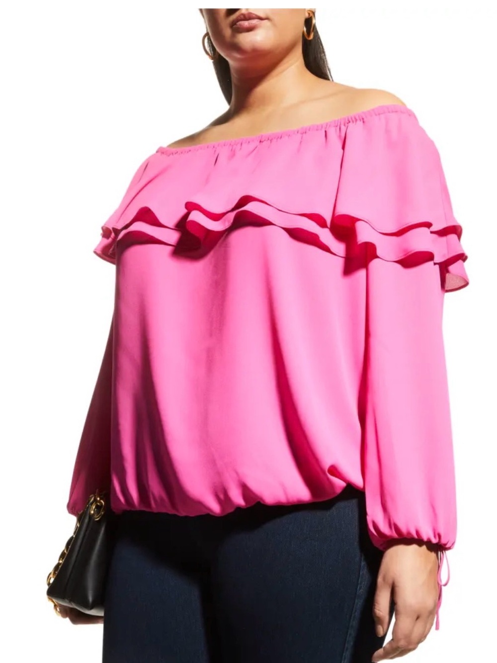 MICHAEL Michael Kors Off-Shoulder Ruffle Blouse in Hot Pink - Picture 2 of 5